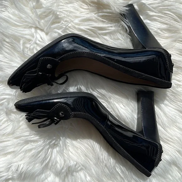Tod’s Black Patent Leather/Suede Fringe Loafer Pumps Heels - Picture 16 of 16